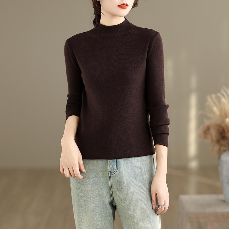 

Dimanaf 2025 Осень Зима Свитер Пуловеры Топы Женские Повседневные Однотонные Базовые Хлопковые Трикотажные Футболки Рубашки one size темно-коричневого