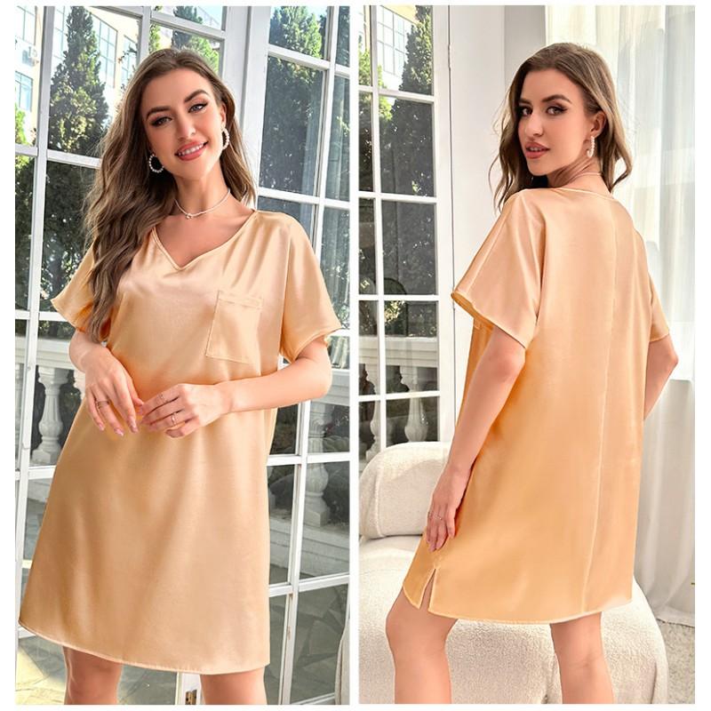 Womens Plus Size Ice Silk Sleep Dress Lightweight V-Neck Short Sleeve Nightgown Home Comfort