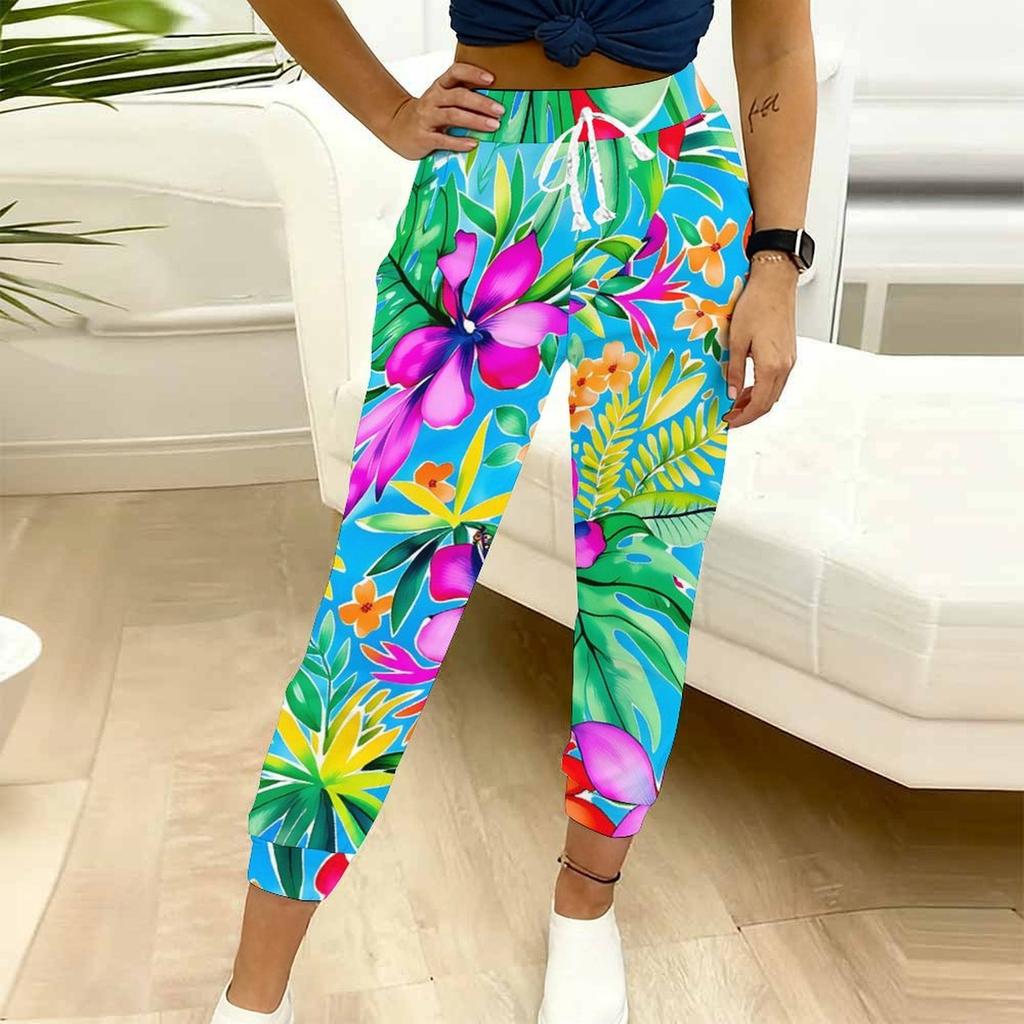 Summer Ladies Painted Flowers Printed Sweatpants Loose Fit Drawstring Joggers Elastic Cuff Daily Casual Pants
