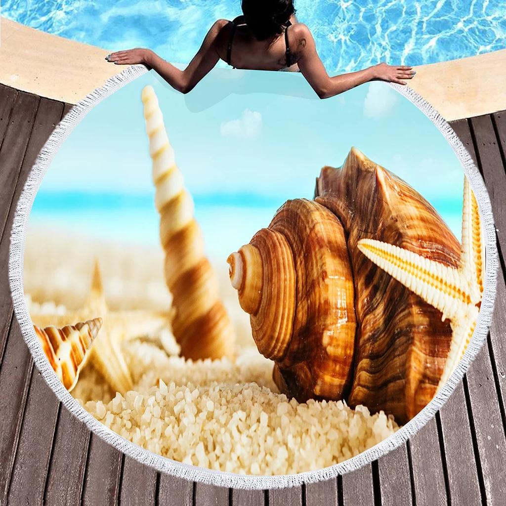 Round Beach Towels,Wave Seashell Print Sand Resistant Beach Blanket,Soft Absorbent Quick Dry Pool Towels Portable Picnic Mat