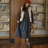 Johnature Japanese Literary Round Neck Dark Blue Tie Crew Neck Long Sleeve Dresses Spring Casual Dress Women
