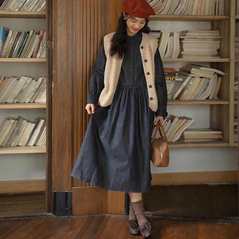 Johnature Japanese Literary Round Neck Dark Blue Tie Crew Neck Long Sleeve Dresses Spring Casual Dress Women