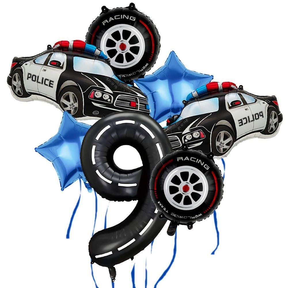 Police Car-themed Tire Digital Aluminum Film Balloon Set for Children's Birthday Party Racing Decoration