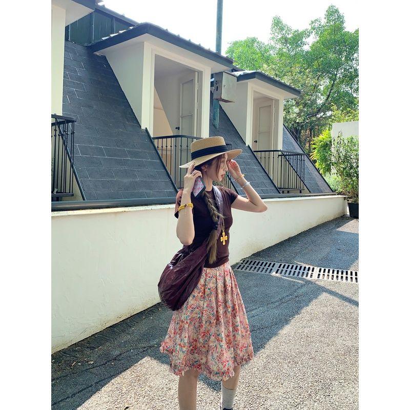 Kumikumi Gentle Floral Skirt A- Line Skirt Women's Autumn Drape Drawstring High Waist Swing Dress Midi Skirt