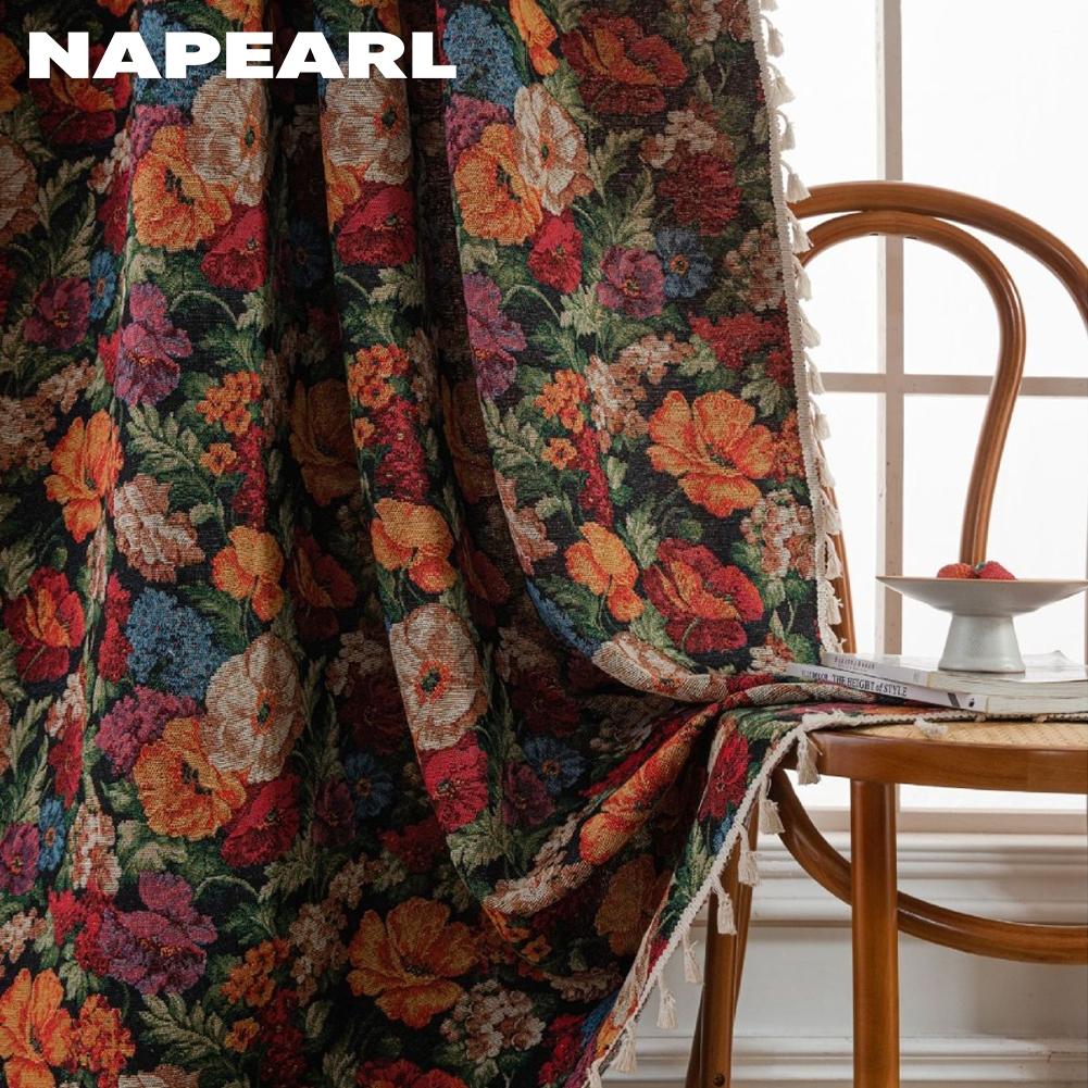 1 ks NAPEARL 40-70% Zatemňovací Retro Venkovský Styl Květinový Vzor Okraj s Třásněmi Závěsy pro Malé Okno Ložnice Obývací Pokoj Balkon Domácí Dekorace