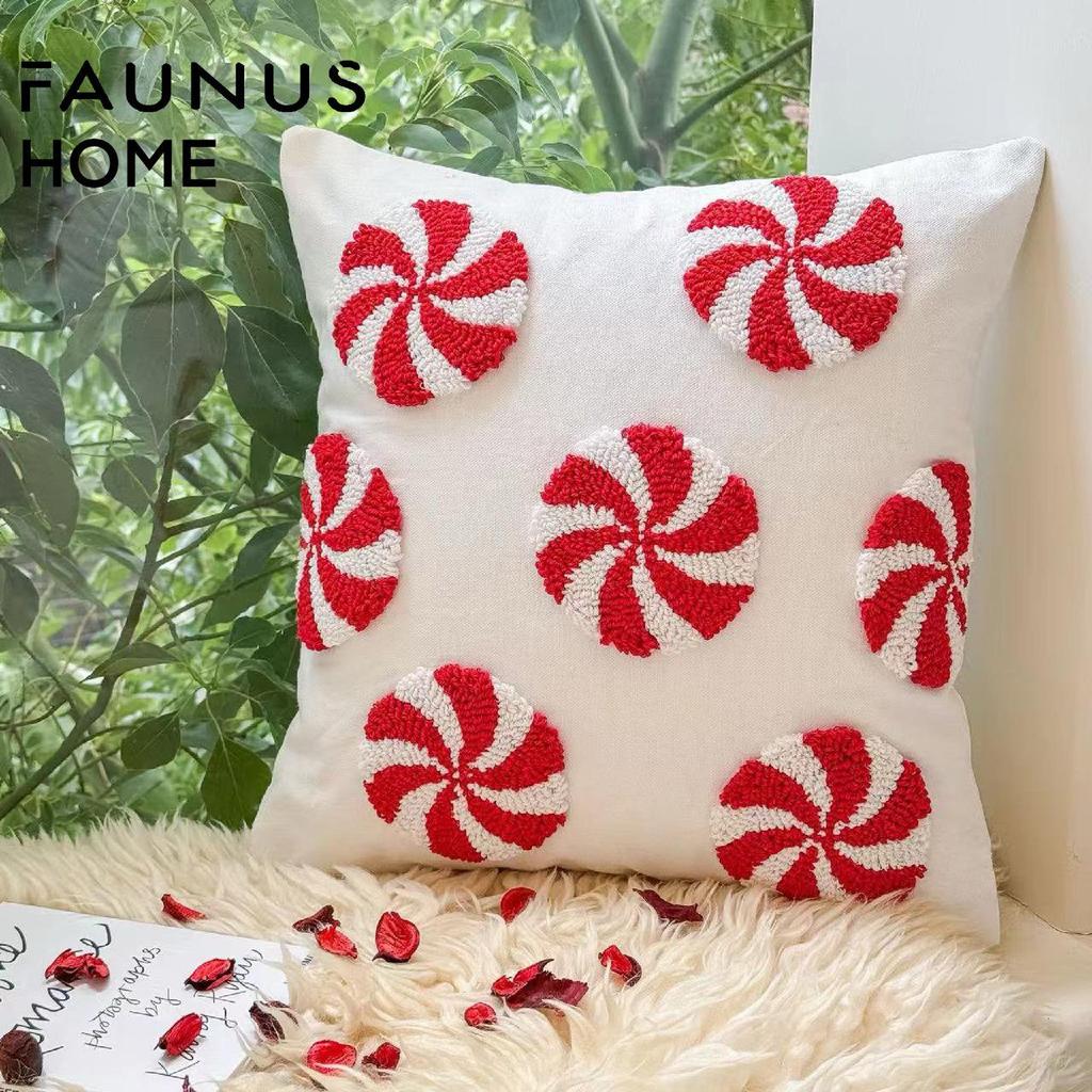 Christmas Embroidery Candy Cane & Santa Hat Tufted Throw Pillow Cover