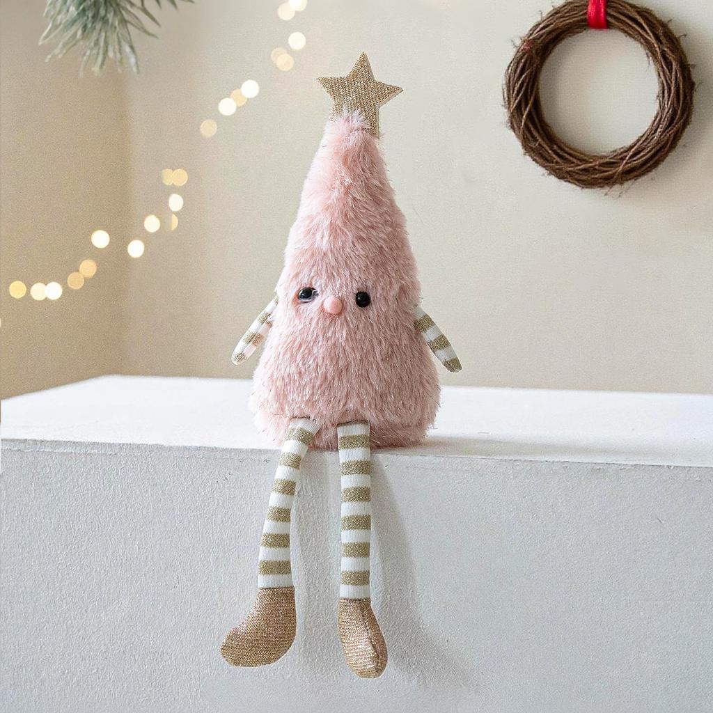 Cute Plush Christmas Tree Figurine Pendant with Stars & Striped Socks Pink,White Green Fabric Holiday Decor for Home Living Room
