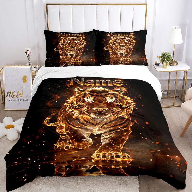 Custom Name Fire Tiger Bedding 3 Piece Set HD Print Duvet Cover Pillowcases for Teens Adult Bedroom Decoration Christmas Gift