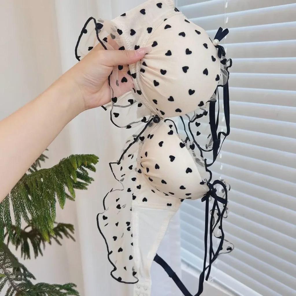 Polka Dot Japanese Girl's Cute Bra Set: Wire-Free, Sexy & Supportive for Small Chests
