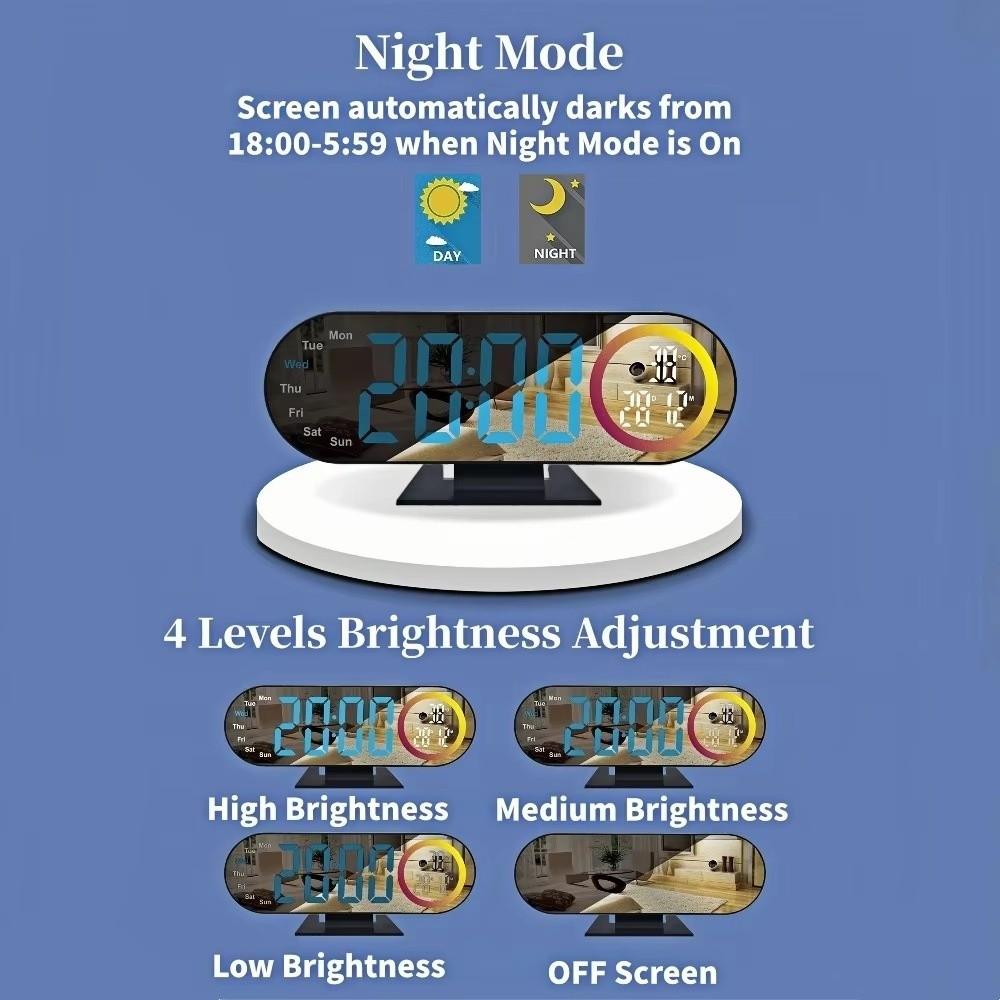 Brightness Adjustment Digital Alarm Clock 12/24H Format Voice Control LED Electronic Clock with RGB Mood Light 2 Alarms
