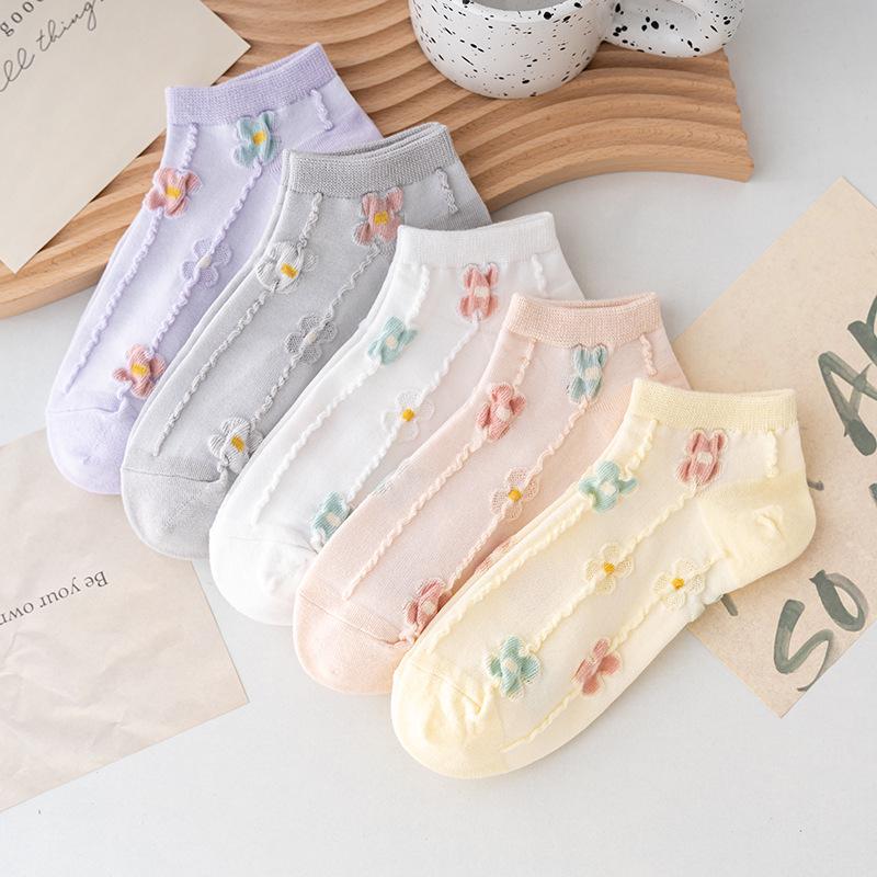 Женские летние текстурированные носки с цветочным узором, конфетных цветов, с низким вырезом до щиколотки - Модные и простые