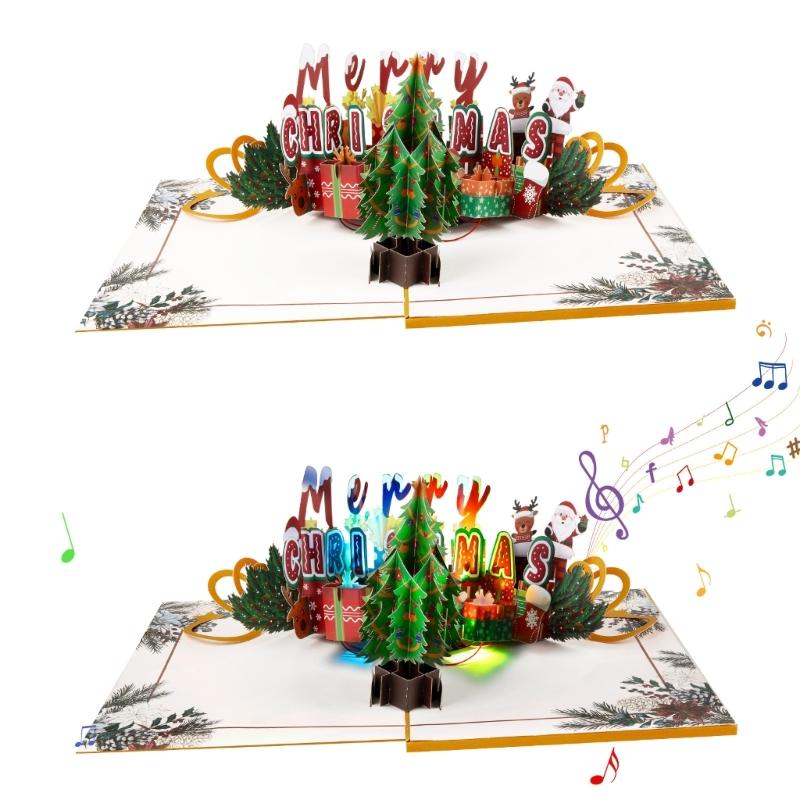 Foldable Greeting Card with Envelope 3D Christmas Tree Card with Musical Tune and Glowing Lights Festival Postcard