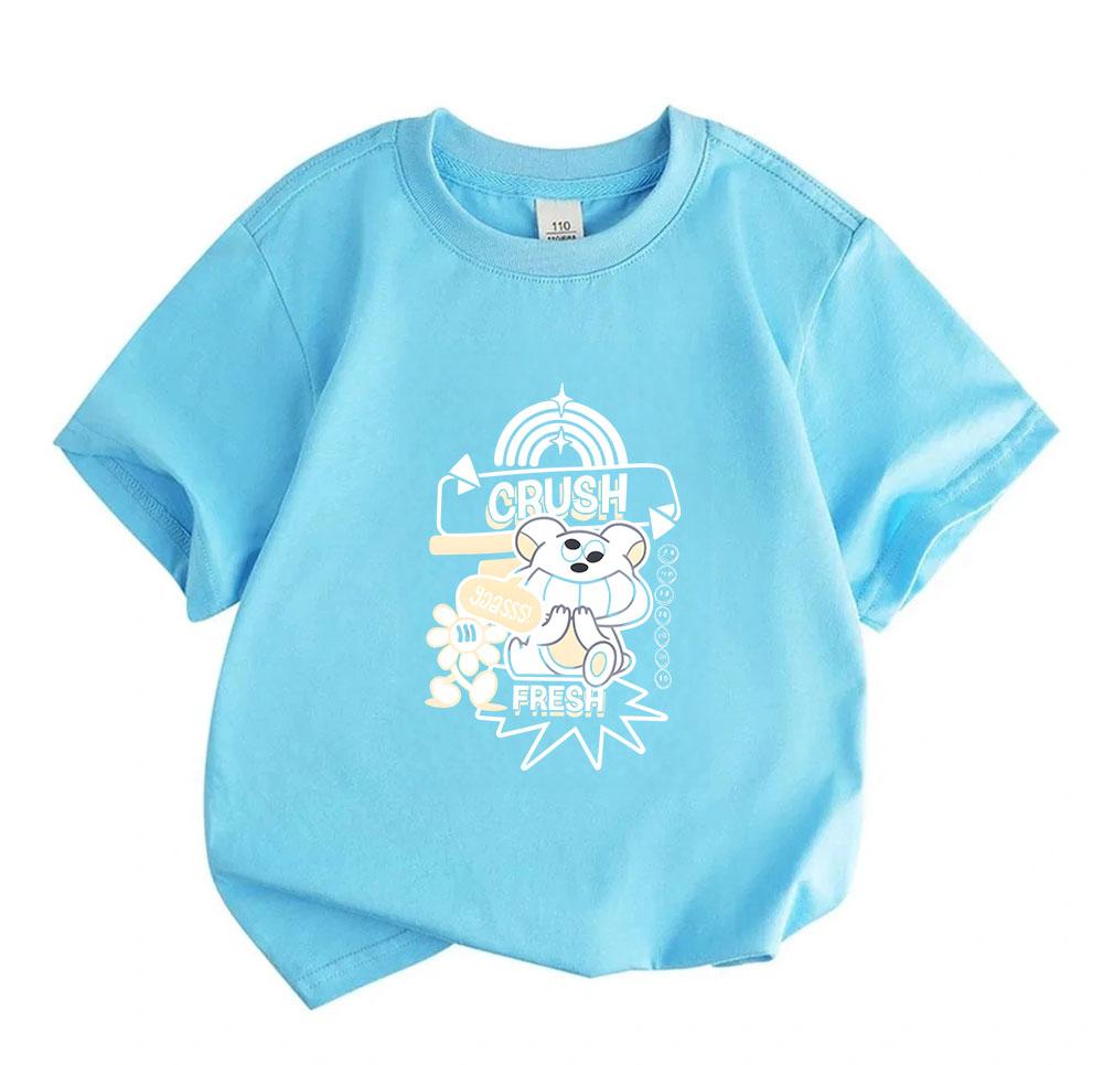 Kids Boys Girls 100% Cotton Crew Neck Short Sleeve T-Shirt, Cute Cartoon Bear CRUSH Print Casual Soft Lightweight Summer Tee for Children Daily Wear