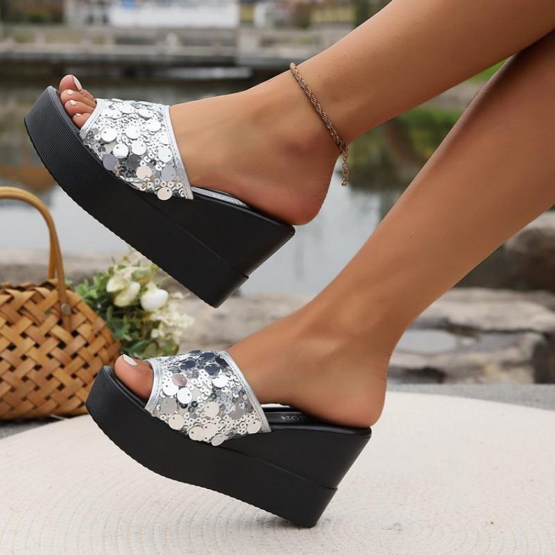 Silver sequined wedge slippers summer new temperament thick-bottomed muffin slippers one-word slippers women