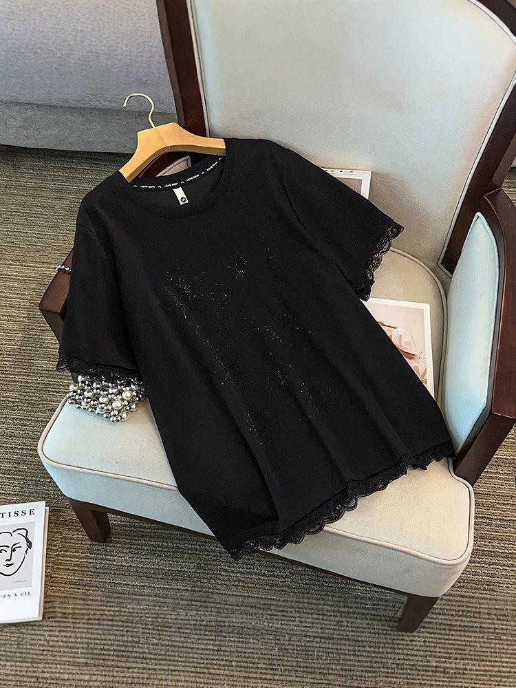 2026 Plus Size Rhinestone Lace Trim Short Sleeve Women's Top - Loose, Casual & Comfortable