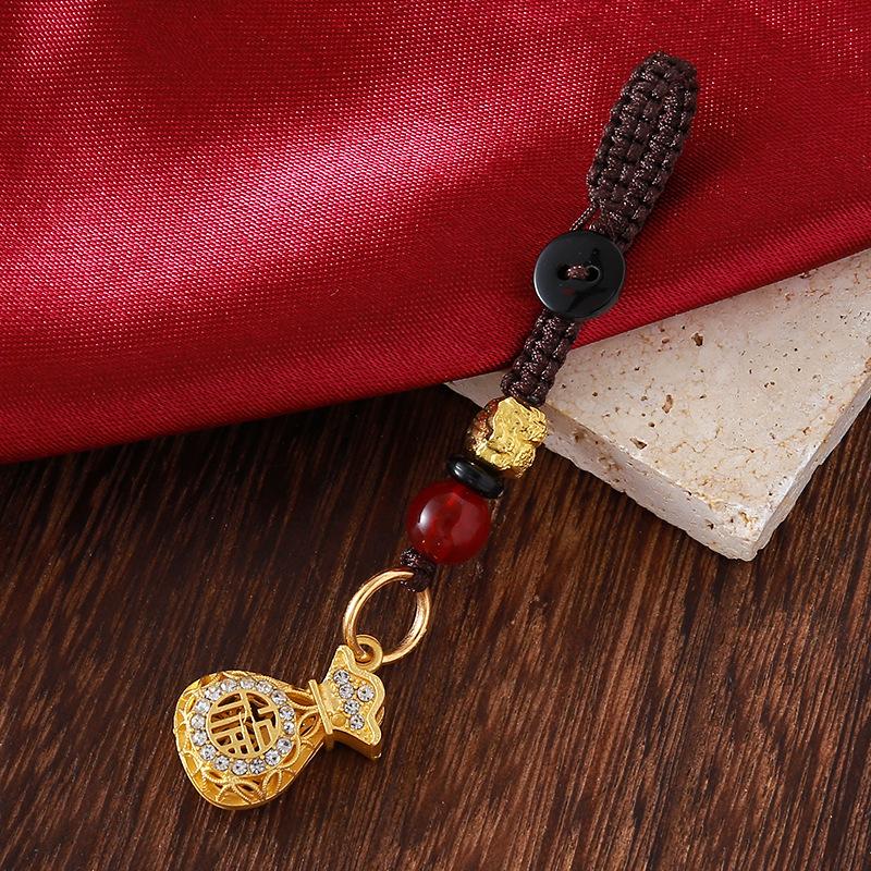 Vintage Gold Plated Brass Car Keychain Hollow Gourd Keychain Bag Charm Lucky Key Ring Jewelry