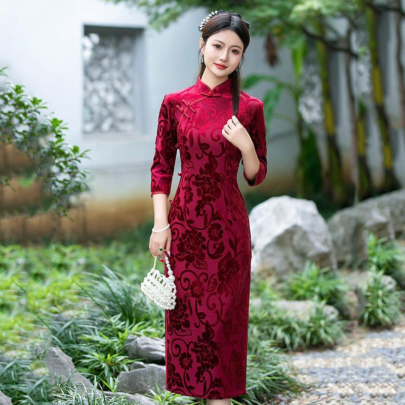 Purple Mother Dress National Style New Chinese Long-sleeved Cheongsam Improved Young Women's High-end Sense Retro Spring and Autumn