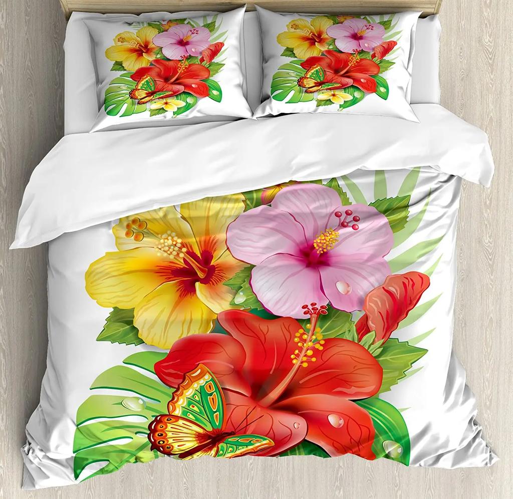Comforter Turquoise Bedding Set For Bedroom Bed Home Retro Floral Background With Hibiscus Silhouett
