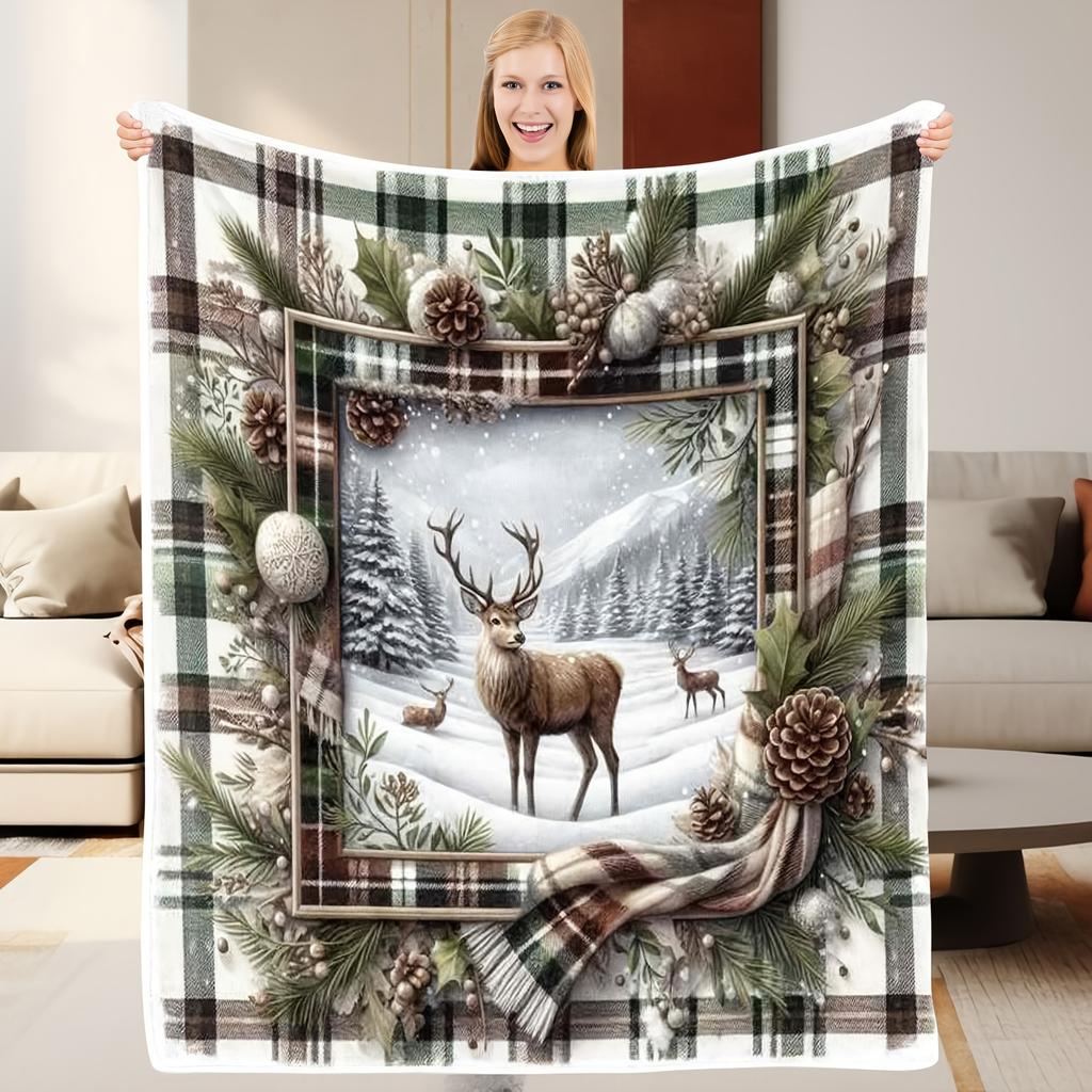 1pc Flannel Blanket with a Small Deer in the Snow Pattern, Soft and Warm, Featuring a Rustic-style Fashionable Print. Suitable for Use in the Living R