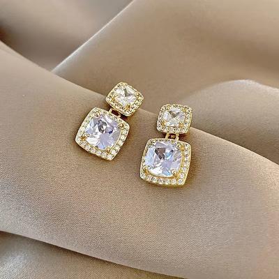 Orecchini quadrati con diamanti flash coreani, raffinati e alla moda, dal temperamento gentile, orecchini in zircone di lusso e di alta qualità, orecchini pesanti.