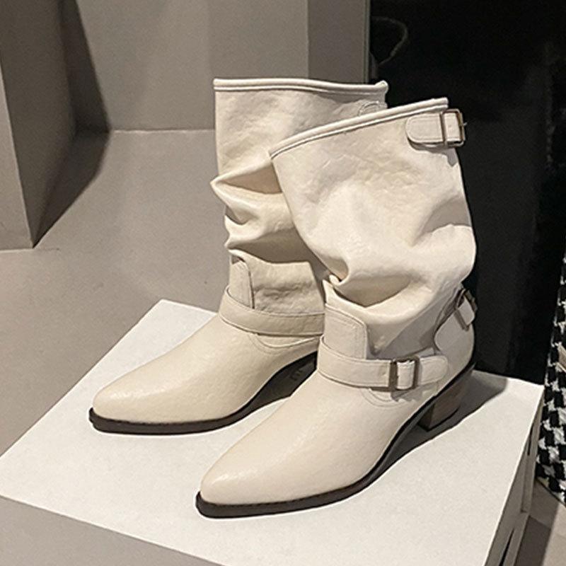 

Soft leather pointed toe thick heel white short boots women s British style belt buckle Martin boots temperament medium tube pile boots 40