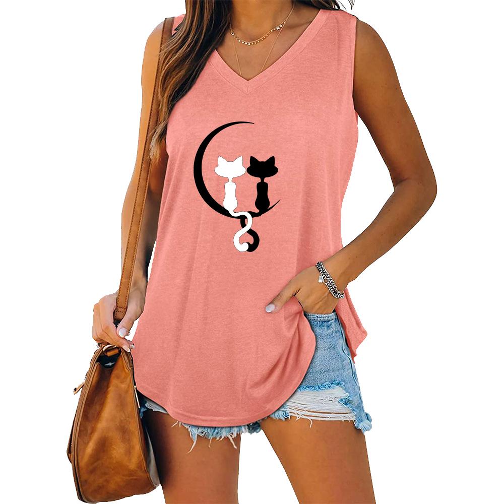 Women Fashion V-neck Sleeveless T-shirt Women Casual Cat Printed Tank Top