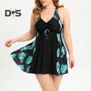 2Pcs/Set Plus Size Swimsuit Set V-Neck Halter Flowy Hem Tops Boxer Trunks Set Quick Drying Split Design Swimwear