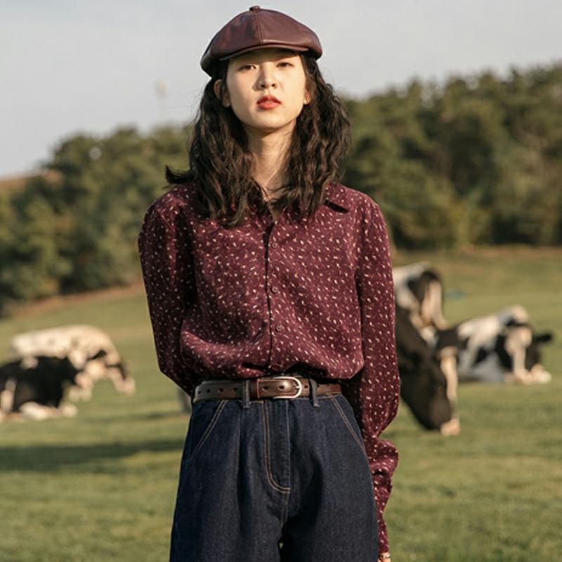 

Утолщенная вельветовая рубашка с цветочным принтом для женщин, рубашка в стиле ретро Гонконг, новинка осени, шикарный топ с длинным рукавом S