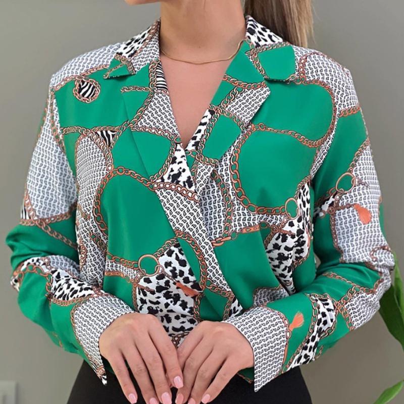 Women's Autumn Loose Long Sleeve V-Neck Pullover Printed Shirt Blouse