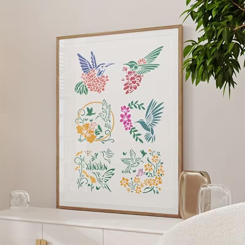 9-Piece Hummingbird Floral Hollow-Out Painting Stencil Set, Bird and Plant DIY Spray Painting Stencil Wall/Canvas/Wood Art Graffiti Decoration Stencil