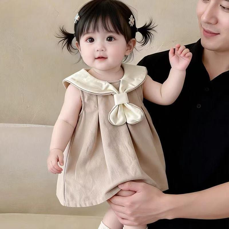 Infant Sleeveless Bowknot Princess Dress - Korean Style Lapel Summer Outfit 90cm хаки