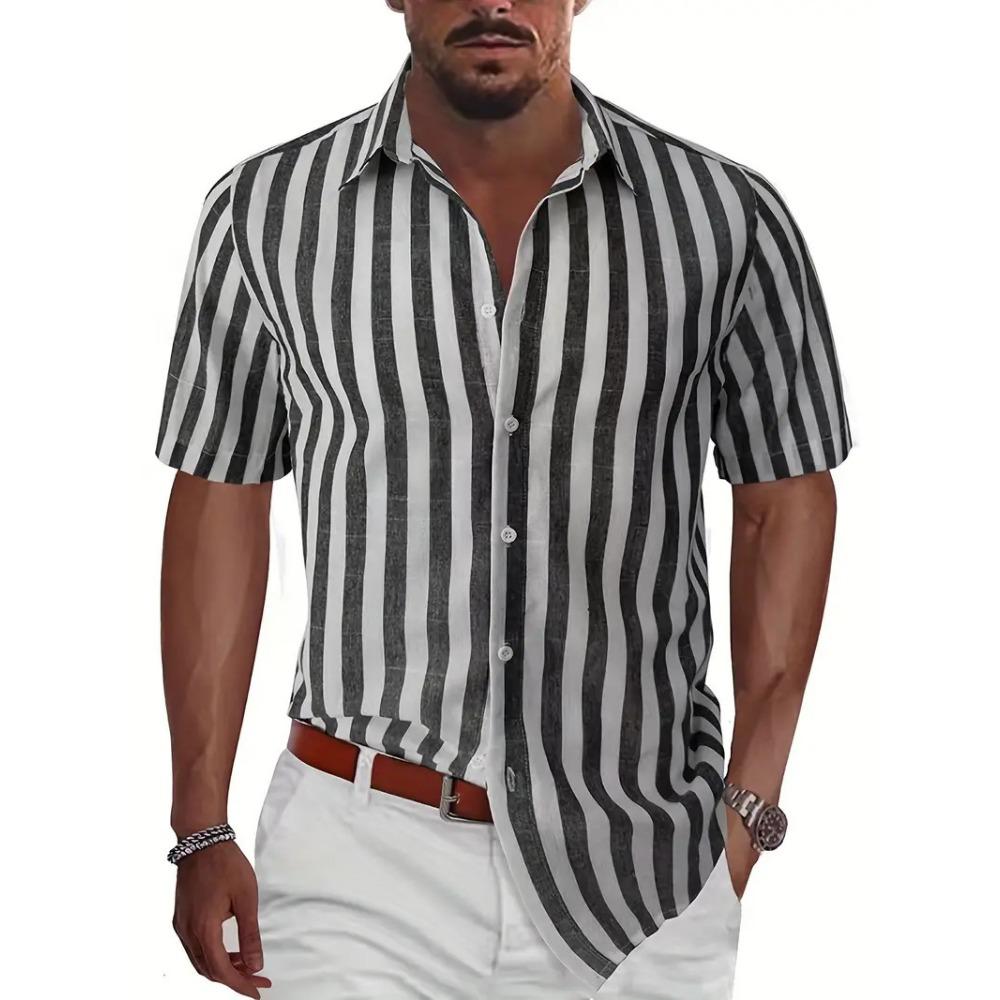 Summer Men's Casual Sports Striped Short Sleeved Lapel Shirt