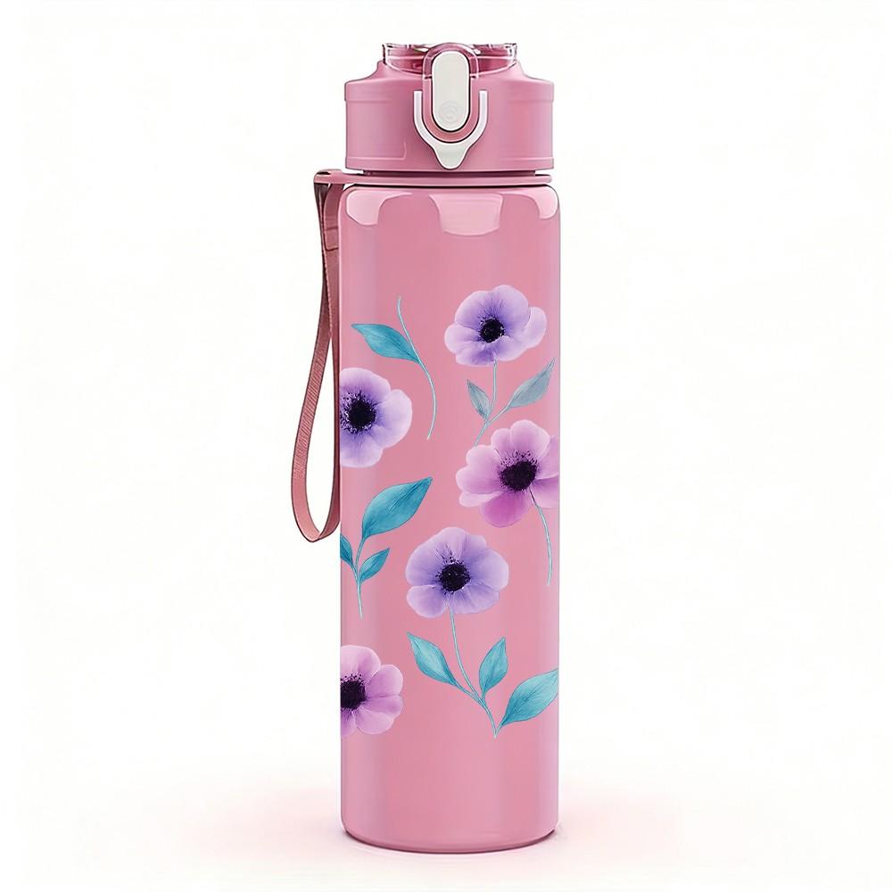 1PC Purple Wildflower Pattern 750ml Color Plastic Sports Water Bottle Leakproof Flip Straw Lid Suitable for Sports Office Home Use