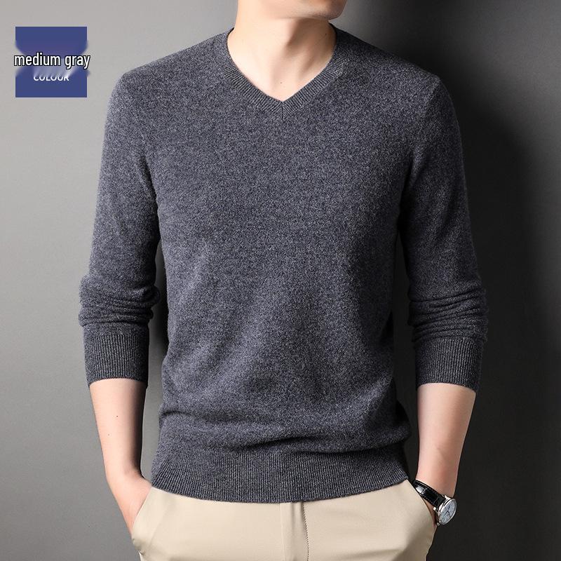 Men's High-End All-Wool Round Neck Sweater - Pure Color Knitwear for Autumn and Winter