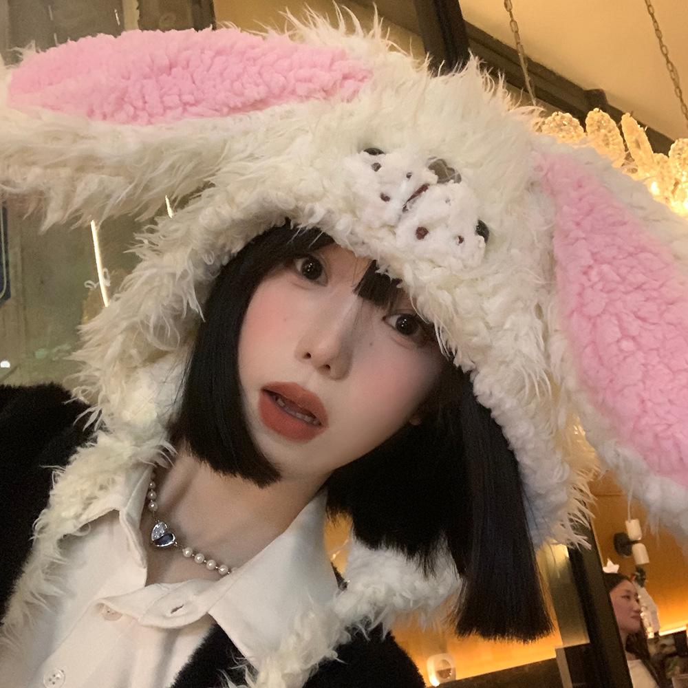 Sweet and Cute Rabbit Ears Plush Hat Women's Autumn and Winter Warm Ear Protection Lei Feng Hat Showing Face Small Furry Hat Trendy