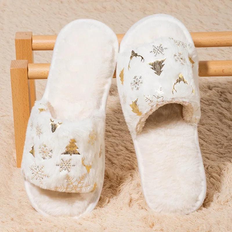 Damen Weihnachten Flauschige Fell Hausschuhe Weiche Sohle Übergröße Rutschfeste Plüsch Pantoletten Frau Winter Komfort Indoor Zuhause Hausschuhe Schuhe
