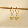 18K Gold Plated Stainless Steel Hoop Earrings With Natural Malachite Round Pendant