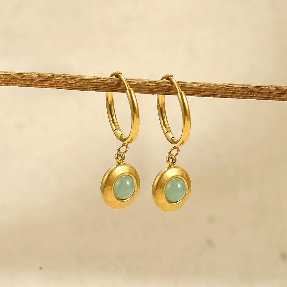 18K Gold Plated Stainless Steel Hoop Earrings With Natural Malachite Round Pendant
