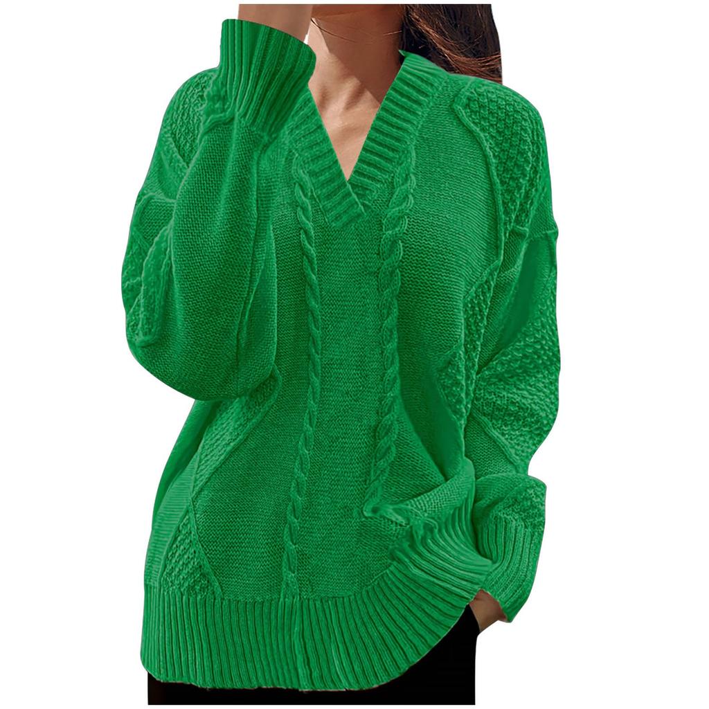 Women's Fashion Casual V-neck Twill Knitted Sweater Long-sleeve Top
