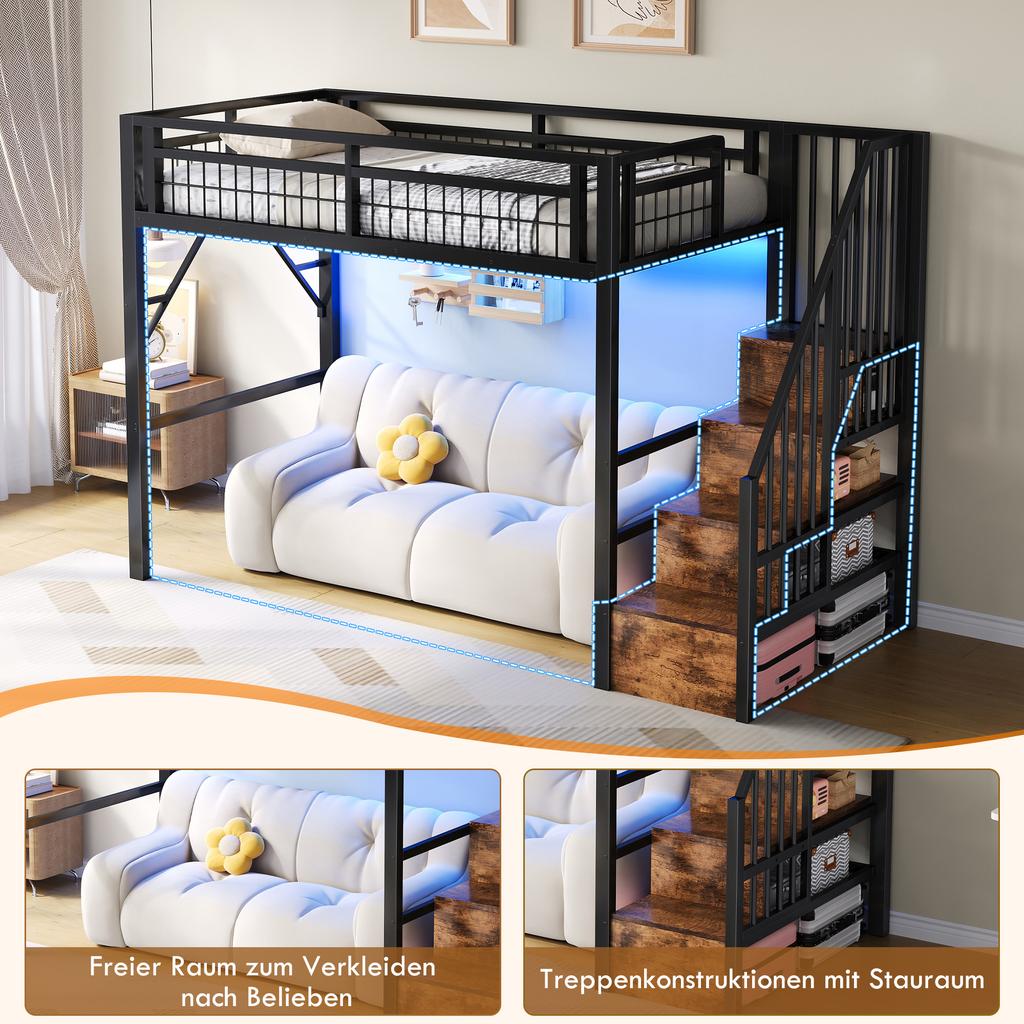 Loft Bed, 90 X 200 Cm, Iron Frame, with LED Light Strip, Staircase Construction with Storage Space, Free Space for Cladding, Without Mattress, Black