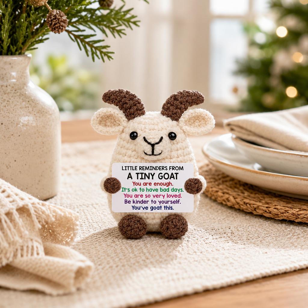 Hand Crocheted Plush with Message Sign, Knitted Wool Figurine for Home Decor