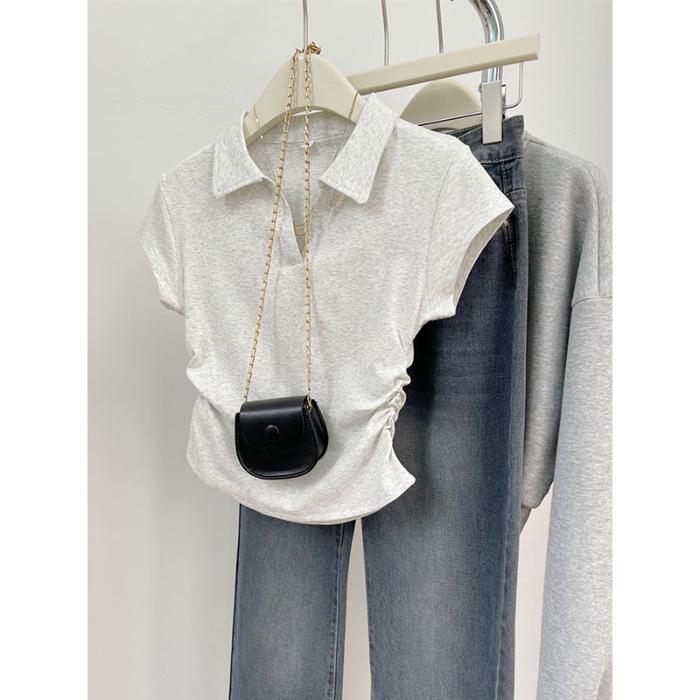 Women's Irregular Pleated Short Sleeve Cotton Polo Shirt