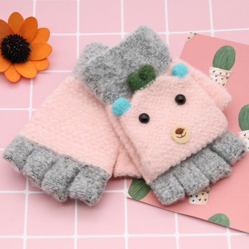 Children's Fingerless Winter Cartoon Kitten Gloves - Warm, Cute, Knitted Imitation Cashmere for Elementary Students