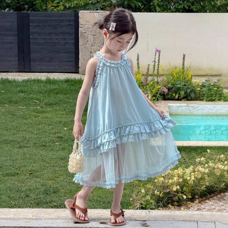 Stylish Summer 2026 Girls Halter Neck Princess Dress - Mesh Camisole for Kids 90