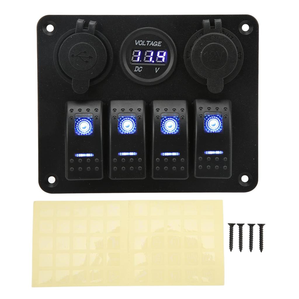 4 Gang Marine Boat Rocker Switch Panel, - 24V Waterproof RV USB Cigarette