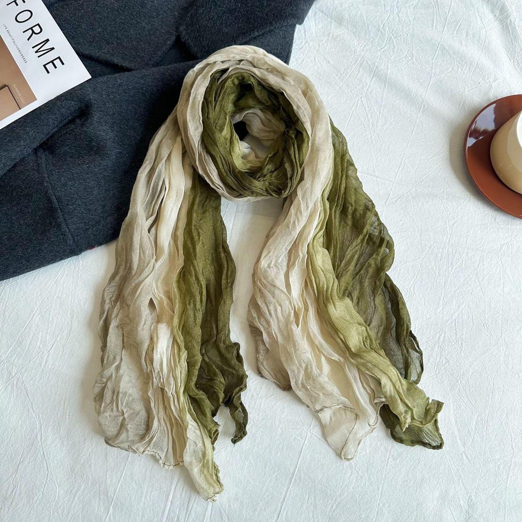 Écharpe en coton et lin bleu dégradé: Accessoire Plissé Long pour Femme, Impression Polyvalente Rétro pour l'Automne/Hiver