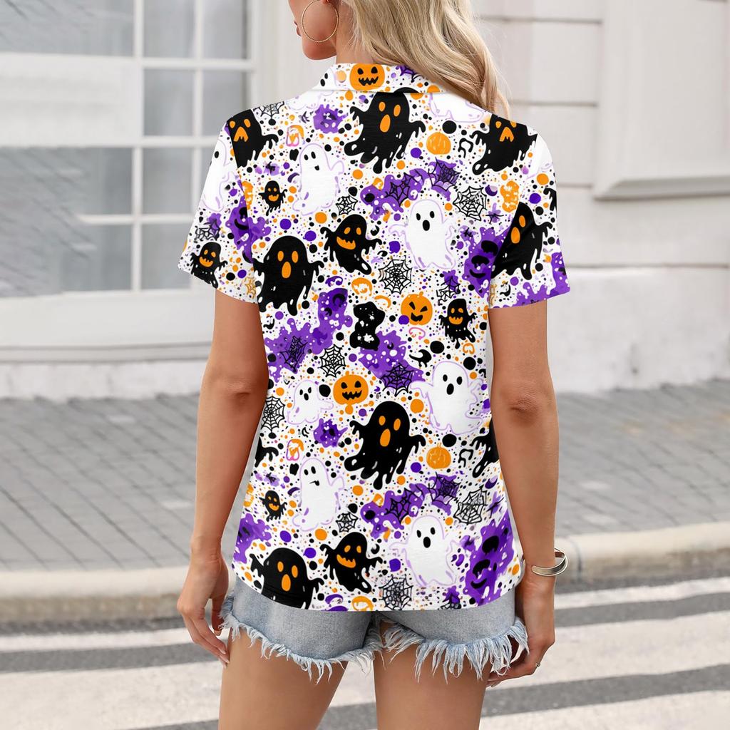 Womens Casual V Neck Short Sleeve Halloween Print Polo Shirt Loose Fit Lightweight Top for Everyday Wear