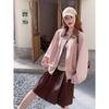 Korean-Style Pink Suede Short Jacket for Women - 2025 Autumn, Hollow Design, Age-Defying, Petite Fit, Fashion-Forward.