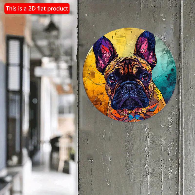 2D Flat 20*20cm1pc Cute French Bulldog Color gradient design Wooden Round Hanging Sign, Color block splicing Bulldog pattern Art plaque, ornament