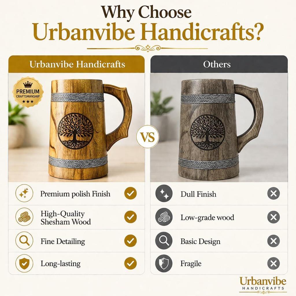 Handmade Wooden Beer Mug, Wood with Sheesham Finish, Barrel Style, Lightweight & Durable, for Craft Beer, Home Bar, Café, Party, Gift(350ml)